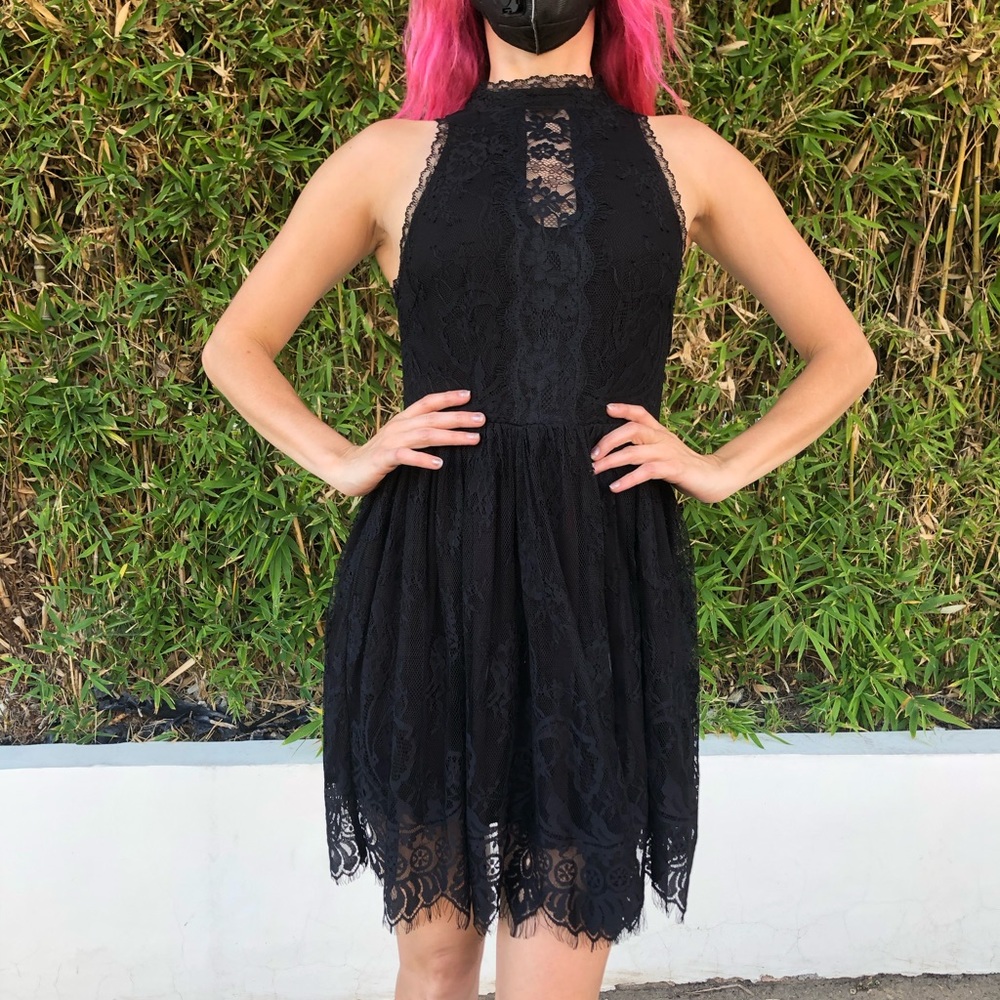 Romantic Black Lace Panel Mini Dress